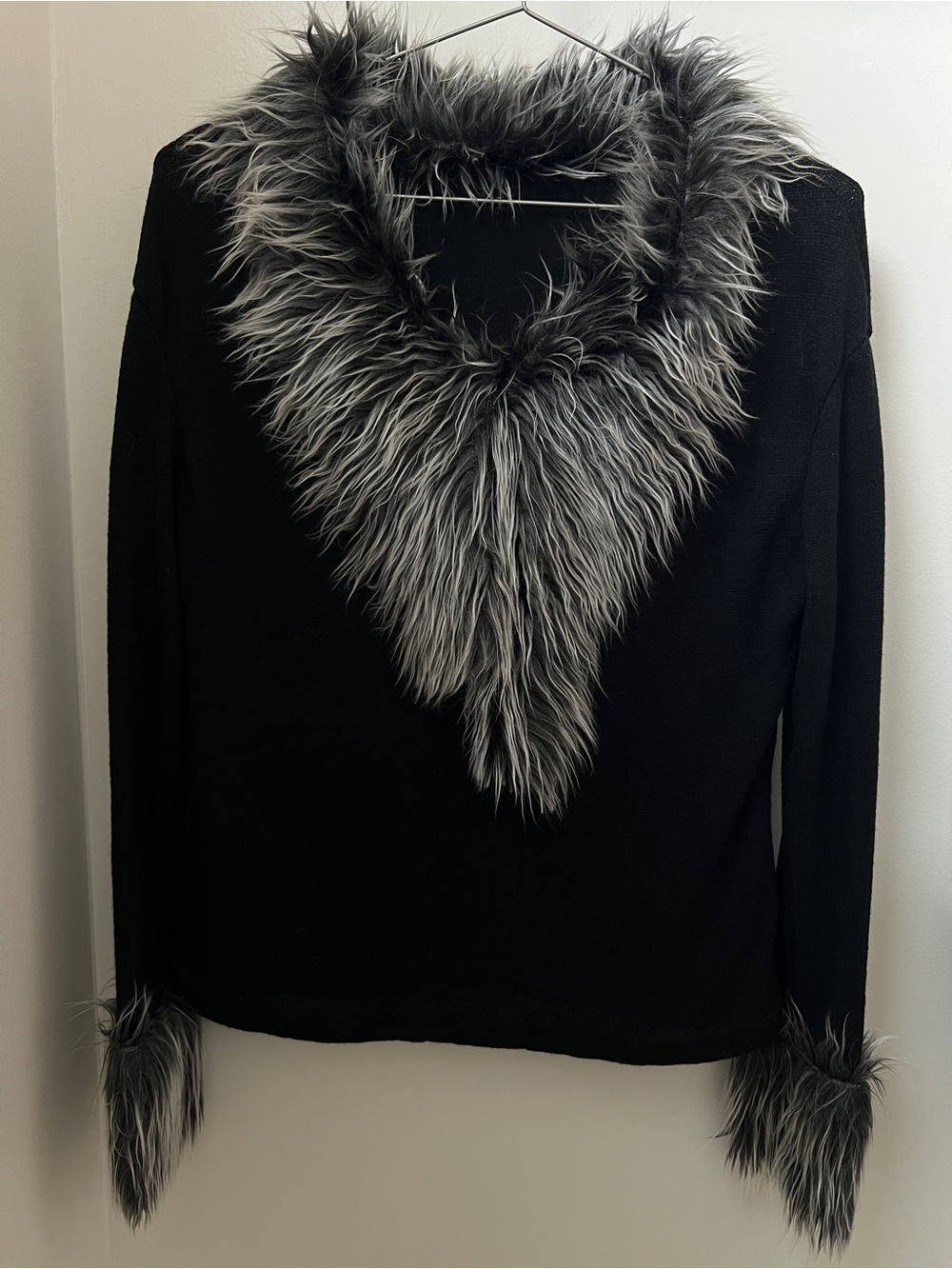 Black Sweater with Gray Faux Fur Trim - Women